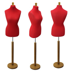 Red Tailors Dummy with a Light Wood Round Stand and Thistle.