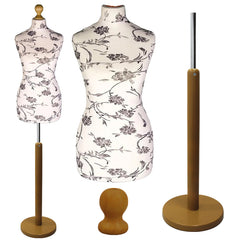 Black flower on cream Tailors Dummy with a Light Wood Round Stand
