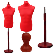 Display Guru Male Dressmakers Tailors Dummy Mannequin, Red Torso Bust with Red Wood Round Base Stand