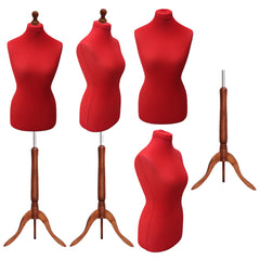 Display Guru Female Uk Size 6/8 Dressmakers Tailors Dummy Mannequin, Red Torso Bust With Dark Wood Tripod Stand