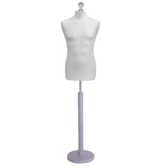 Display Guru Male Dressmakers Tailors Dummy Mannequin, White Torso Bust with Silver Wood Round Base Stand