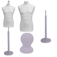Display Guru Male Dressmakers Tailors Dummy Mannequin, White Torso Bust with Silver Wood Round Base Stand