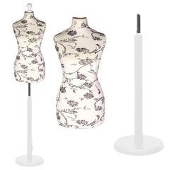 Display Guru Female Uk Size 10/12 Dressmakers Tailors Dummy Mannequin , Black Flower on cream Torso Bust with White Wood Round Base