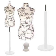 Display Guru Female Uk Size 6/8 Dressmakers Tailors Dummy Mannequin , Black flower on cream Torso Bust with White Wood Round Base