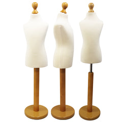 Children Kids Age 6-8 Years Tailors Dummy Mannequin, White Torso Bust with a Light Wood Round Base