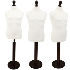 Children's Age 10-12 Years Tailors Dummy Mannequin, White Torso Bust with a Dark Wood Round Base