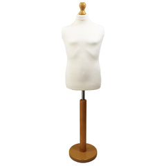 Children's Age 10-12 Years Tailors Dummy Mannequin, White Torso Bust with a Light Wood Round Base
