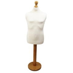 Children's Age 10-12 Years Tailors Dummy Mannequin, White Torso Bust with a Light Wood Round Base