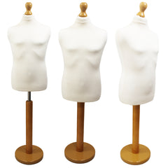 Children's Age 10-12 Years Tailors Dummy Mannequin, White Torso Bust with a Light Wood Round Base