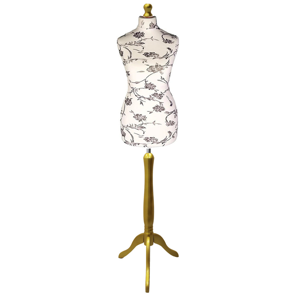 Mannequin torso with floral pattern on a wooden stand against a white background