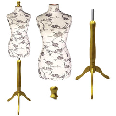 Display Guru Female Uk Size 10/12  Dressmakers Tailors Dummy Mannequin, Black Flower on Cream Torso Bust With Gold wood Tripod Stand