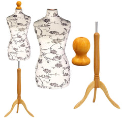 Display Guru Female Uk Size 16/18 Dressmakers Tailors Dummy Mannequin, Black Flower on cream Torso Bust With Light Wood Tripod Stand