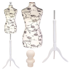 Display Guru Female Uk Size 16/18 Dressmakers Tailors Dummy Mannequin, Black Flower on cream Torso Bust With White Wood Tripod Stand