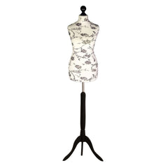 Display Guru Female Uk Size 10/12 Dressmakers Tailors Dummy Mannequin, Black Flower on Cream Torso Bust With Black wood Tripod Stand