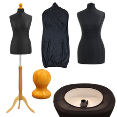 Display Guru Female Uk Size 10/12 Dressmakers Tailors Dummy Mannequin, Black Torso Bust With Light wood Tripod Stand