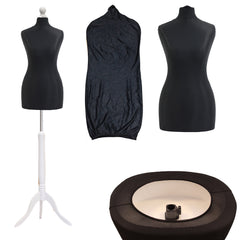 Display Guru Female Uk Size 12/14 Dressmakers Tailors Dummy Mannequin, Black Torso Bust With White Wood Tripod Stand