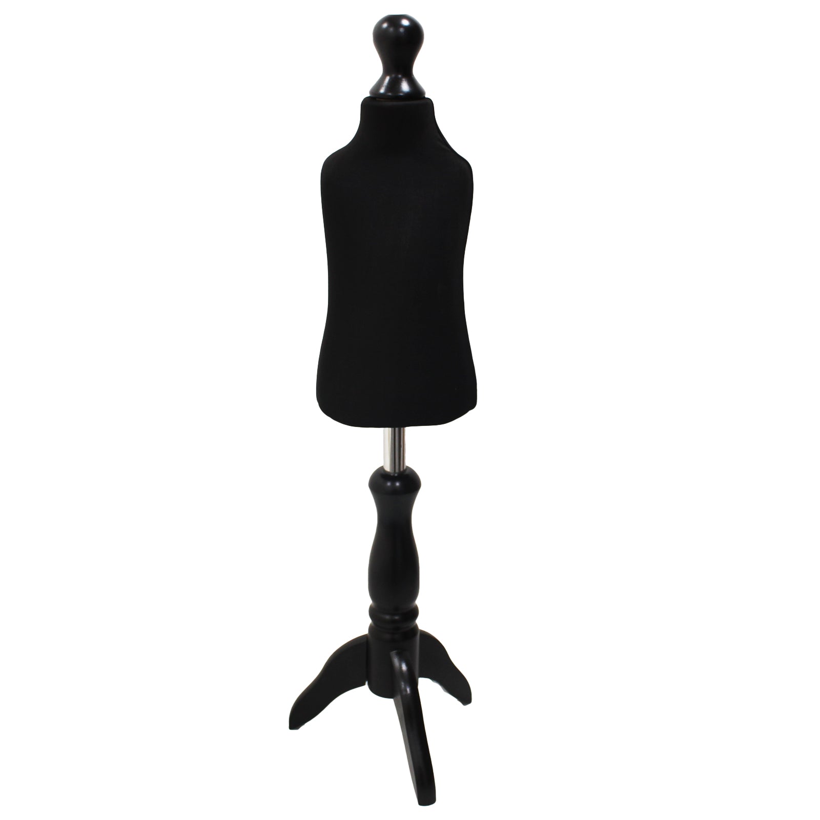 Children Kids Age 1 Tailors Dummy Mannequin, Black Torso Bust with a Black Wood Tripod Stand for dressmaking and display.