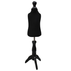 Children Kids Age 1 Tailors Dummy Mannequin, Black Torso Bust with a Black Wood Tripod Stand for dressmaking and display.