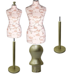 Display Guru Female Uk Size 8/10 Tailors Dummy Dressmakers Mannequin Brown flower on Cream Torso Bust Gold Wood Round Base