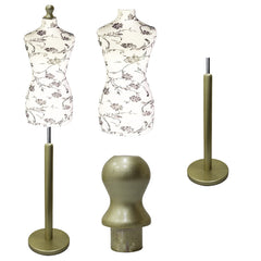 Display Guru Female Uk Size 18/20 Dressmakers Tailors Dummy Mannequin Black Flower on Cream Torso Bust with Gold Wood Round Base