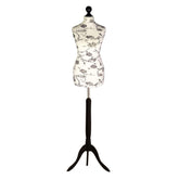 Display Guru Female Uk Size 16/18 Dressmakers Tailors Dummy Mannequin, Black Flower on cream Torso Bust With Black Wood Tripod Stand