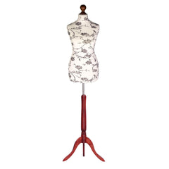 Display Guru Female Uk Size 12/14 Dressmakers Tailors Dummy Mannequin,Black Flower on Cream Torso Bust With Red Wood Tripod Stand