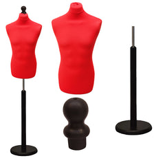 Display Guru Male Dressmakers Tailors Dummy Mannequin, Red Torso Bust with Black Wood Round Base Stand