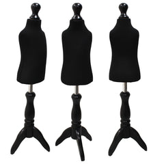 Children Kids Age 1 Tailors Dummy Mannequin, Black Torso Bust with a Black Wood Tripod Stand for crafting and display.