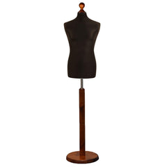 Display Guru Male Dressmakers Tailors Dummy Mannequin, Black Torso Bust with Dark Wood Round Base Stand