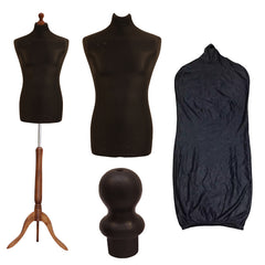 Display Guru Male Dressmakers Tailors Dummy Mannequin, Black Torso Bust With Dark Wood Tripod Stand