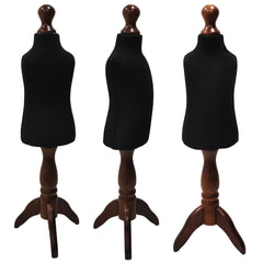 Children Kids Age 1 Tailors Dummy Mannequin, Black Torso Bust with a Dark Wood Tripod Stand