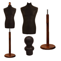 Display Guru Male Dressmakers Tailors Dummy Mannequin, Black Torso Bust with Dark Wood Round Base Stand