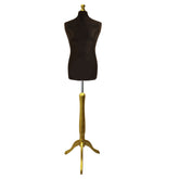 Display Guru Male Dressmakers Tailors Dummy Mannequin, Black Torso Bust With Gold Wood Tripod Stand