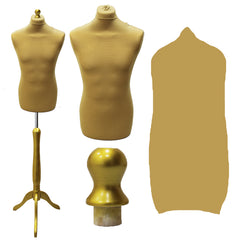 Display Guru Male Dressmakers Tailors Dummy Mannequin, Gold Torso Bust with Gold Wood Tripod Stand