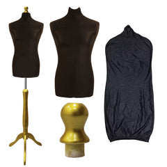 Display Guru Male Dressmakers Tailors Dummy Mannequin, Black Torso Bust With Gold Wood Tripod Stand