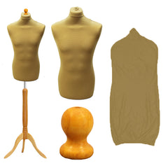 Display Guru Male Dressmakers Tailors Dummy Mannequin, Gold Torso Bust with Light Wood Tripod Stand