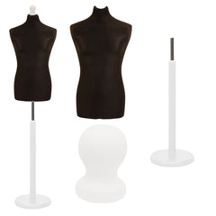 Display Guru Male Dressmakers Tailors Dummy Mannequin, Black Torso Bust with White Wood Round Base Stand