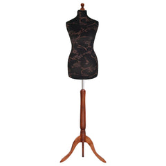 Display Guru Female Uk Size 10/12 Dressmakers Tailors Dummy Mannequin, Brown Flower on Black Torso Bust With Dark wood Tripod Stand