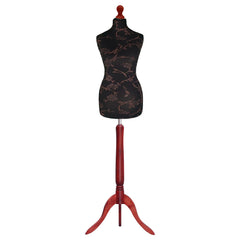 Display Guru Female Uk Size 8/10 Dressmakers Tailors Dummy Mannequin, Brown Flower on Black Torso Bust With Red Wood Tripod Stand