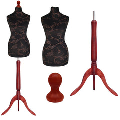 Display Guru Female Uk Size 8/10 Dressmakers Tailors Dummy Mannequin, Brown Flower on Black Torso Bust With Red Wood Tripod Stand