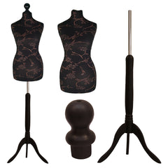 Display Guru Uk Size 6/8 Female Dressmakers Tailors Dummy Mannequin, Brown Flower on Black Torso Bust With Black Wood Tripod Stand