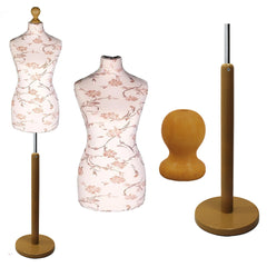 Brown flower on cream Tailors Dummy with a Light Wood Round Stand