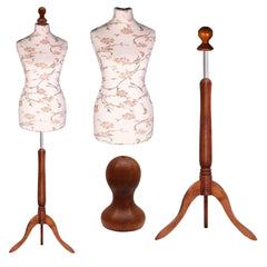 Display Guru Female Uk Size 8/10 Dressmakers Tailors Dummy Mannequin, Brown Flower on Cream Torso Bust With Dark Wood Tripod Stand