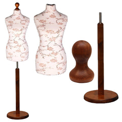Display Guru Female Uk Size 12/14 Dressmakers Tailors Dummy Mannequin , Brown Flower on Cream Torso Bust with Dark Wood Round Base