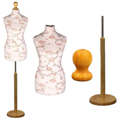 Display Guru Female Uk Size 10/12 Dressmakers Tailors Dummy Mannequin , Brown Flower on cream Torso Bust with Light Wood Round Base