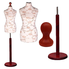 Display Guru Female Uk Size 8/10 Dressmakers Tailors Dummy Mannequin , Brown flower on Cream Torso Bust with Red Wood Round Base