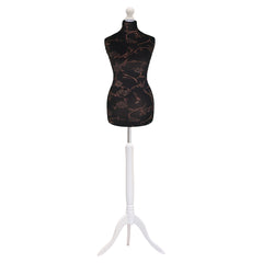 Display Guru Female Uk Size 8/10 Dressmakers Tailors Dummy Mannequin, Brown Flower on Black Torso Bust With White Wood Tripod Stand