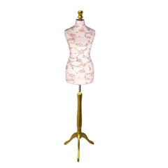 Display Guru Female Uk Size 16/18 Dressmakers Tailors Dummy Mannequin, Brown Flower on cream Torso Bust With Gold Wood Tripod Stand