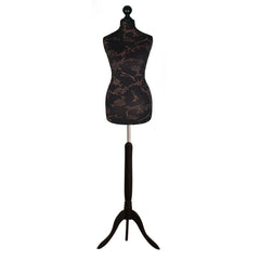 Display Guru Female Uk Size 16/18 Dressmakers Tailors Dummy Mannequin, Brown Flowers on Black Torso Bust With Black Wood Tripod Stand