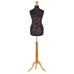 Display Guru Female Uk Size 10/12 Dressmakers Tailors Dummy Mannequin, Brown Flower on Black Torso Bust With Light wood Tripod Stand